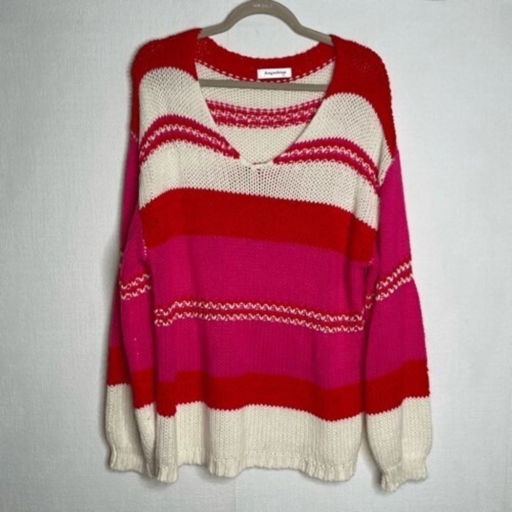Angashion ColorBlock‎ Soft Oversized Long Sleeve V-Neck Barbie Sweater Women XL